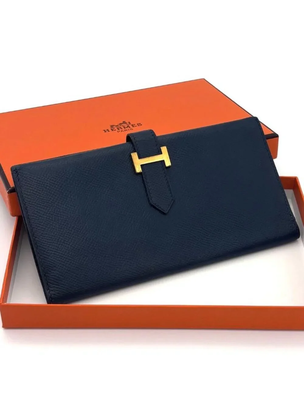Hermes Bearn Classic Bifold Wallet Navy Leather Epsom